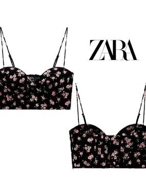 Zara black pink floral flower sweetheart spaghetti strap bustier crop top Sz XL